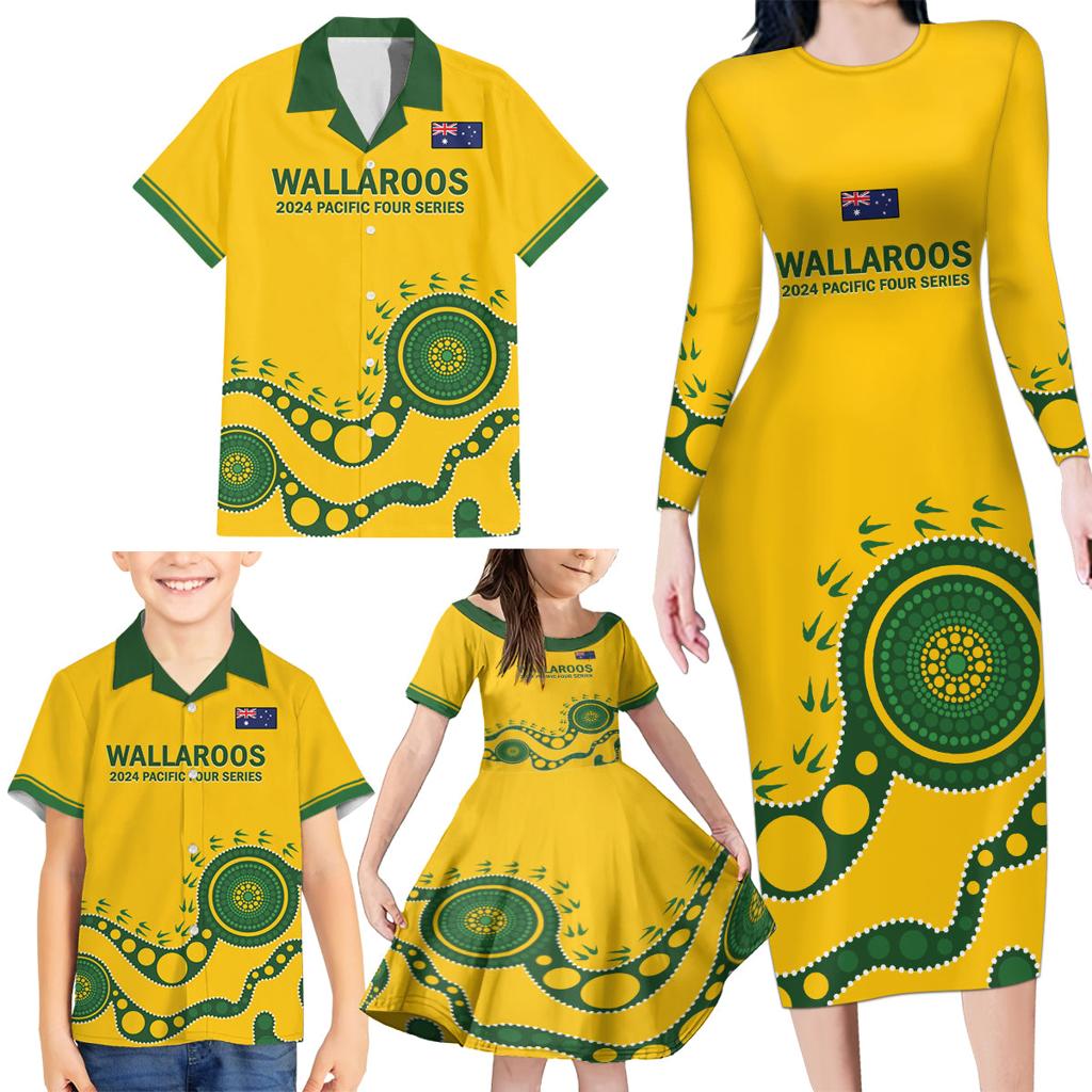 Custom Australia Rugby Family Matching Long Sleeve Bodycon Dress and Hawaiian Shirt Go Wallaroos 2024 Pacific Aboriginal Art