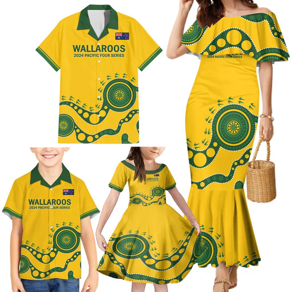 Custom Australia Rugby Family Matching Mermaid Dress and Hawaiian Shirt Go Wallaroos 2024 Pacific Aboriginal Art