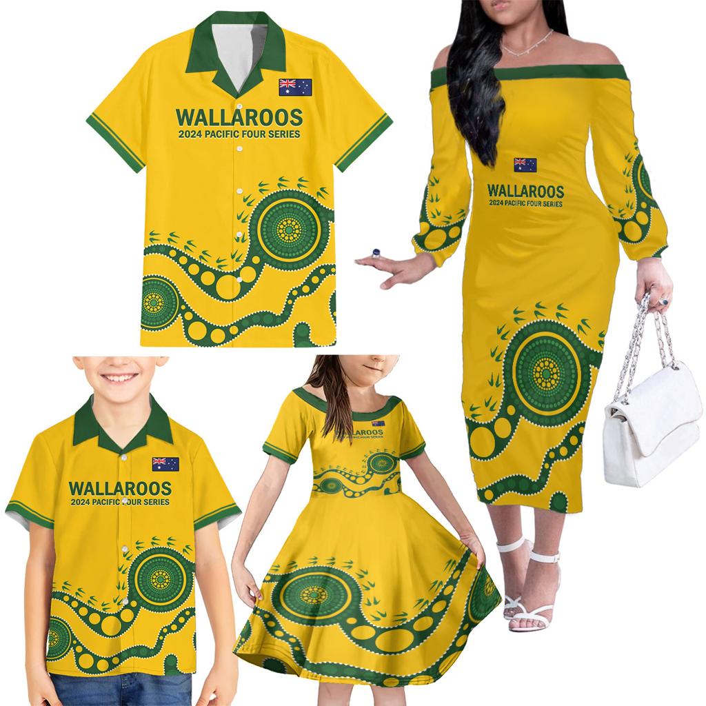 Custom Australia Rugby Family Matching Off The Shoulder Long Sleeve Dress and Hawaiian Shirt Go Wallaroos 2024 Pacific Aboriginal Art