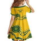 Custom Australia Rugby Family Matching Off The Shoulder Long Sleeve Dress and Hawaiian Shirt Go Wallaroos 2024 Pacific Aboriginal Art