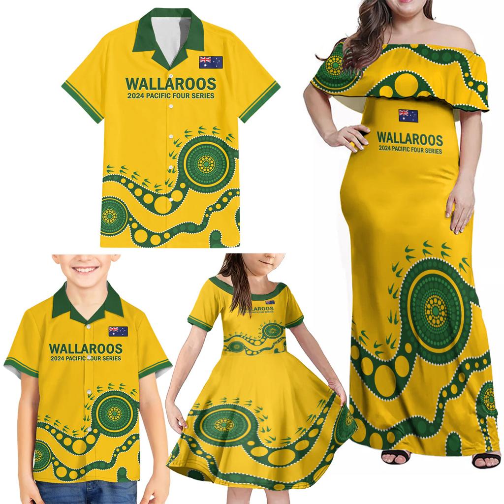 Custom Australia Rugby Family Matching Off Shoulder Maxi Dress and Hawaiian Shirt Go Wallaroos 2024 Pacific Aboriginal Art