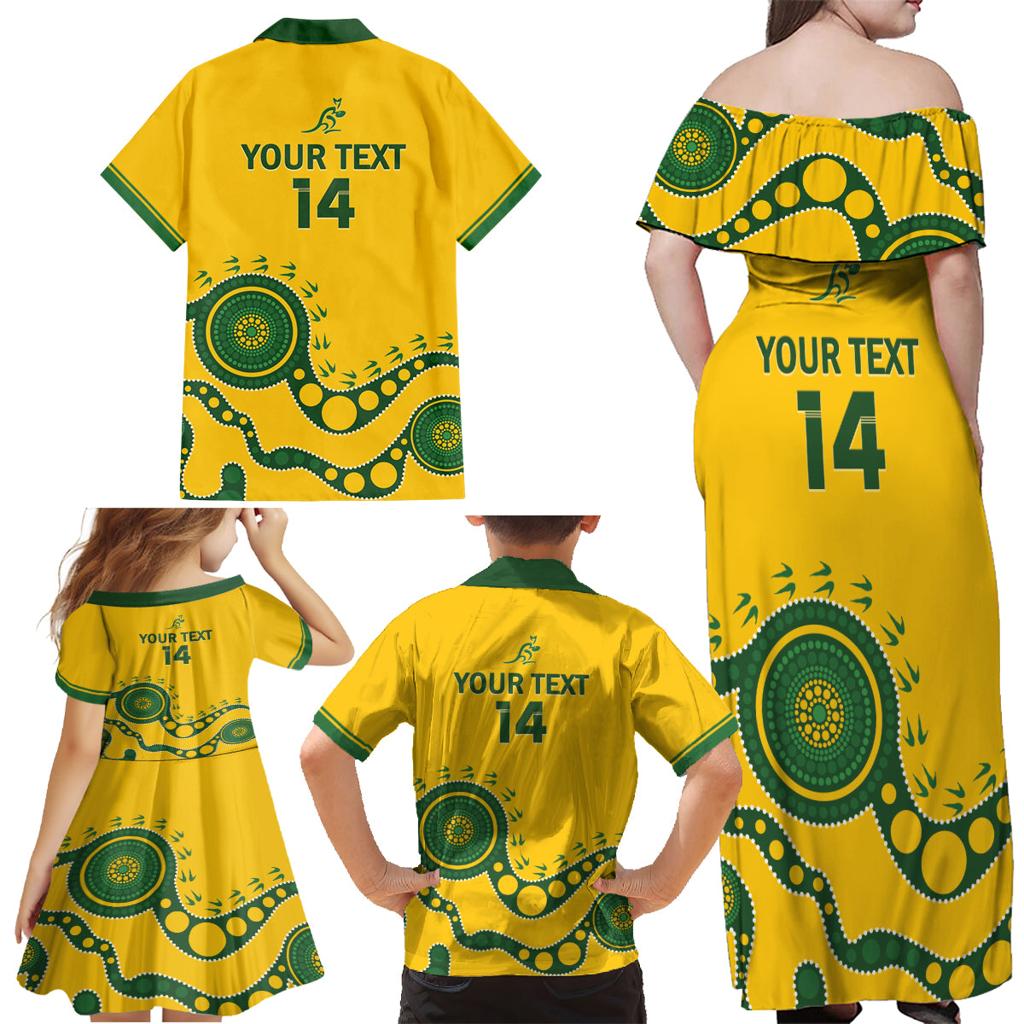 Custom Australia Rugby Family Matching Off Shoulder Maxi Dress and Hawaiian Shirt Go Wallaroos 2024 Pacific Aboriginal Art