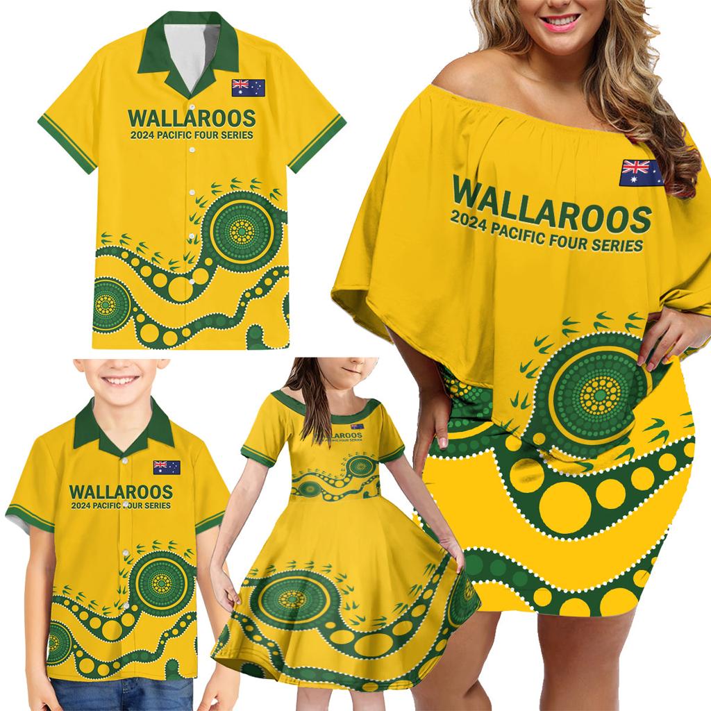 Custom Australia Rugby Family Matching Off Shoulder Short Dress and Hawaiian Shirt Go Wallaroos 2024 Pacific Aboriginal Art