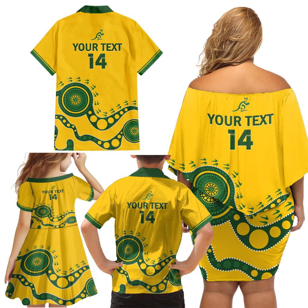 Custom Australia Rugby Family Matching Off Shoulder Short Dress and Hawaiian Shirt Go Wallaroos 2024 Pacific Aboriginal Art