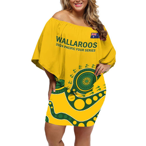 Custom Australia Rugby Family Matching Off Shoulder Short Dress and Hawaiian Shirt Go Wallaroos 2024 Pacific Aboriginal Art