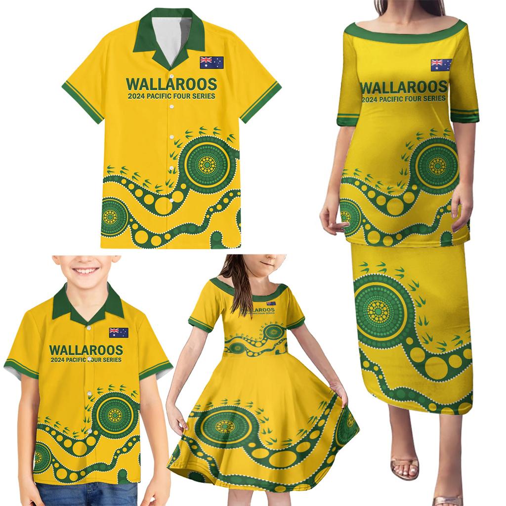 Custom Australia Rugby Family Matching Puletasi and Hawaiian Shirt Go Wallaroos 2024 Pacific Aboriginal Art