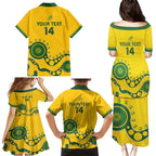 Custom Australia Rugby Family Matching Puletasi and Hawaiian Shirt Go Wallaroos 2024 Pacific Aboriginal Art