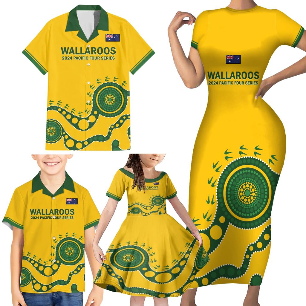 Custom Australia Rugby Family Matching Short Sleeve Bodycon Dress and Hawaiian Shirt Go Wallaroos 2024 Pacific Aboriginal Art