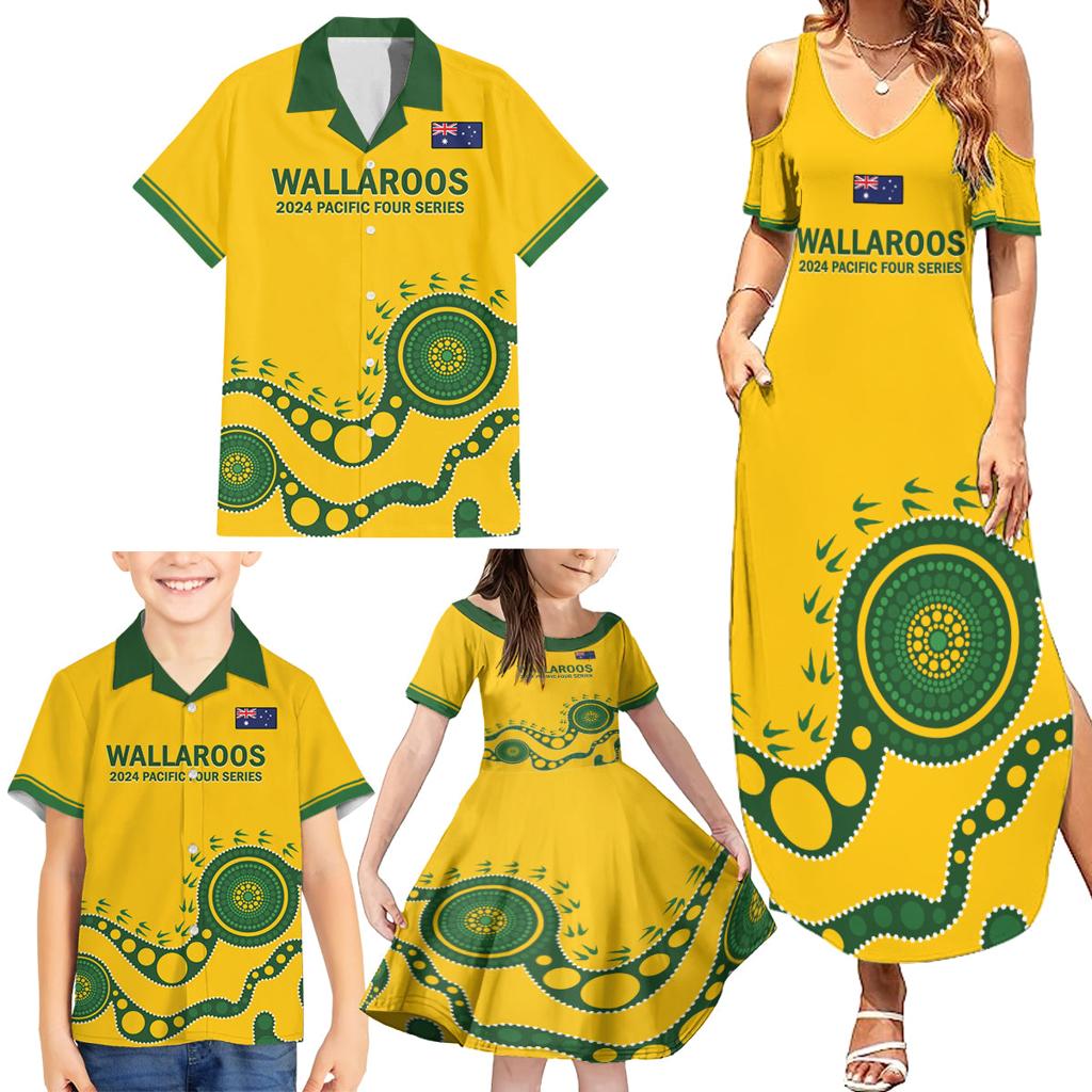 Custom Australia Rugby Family Matching Summer Maxi Dress and Hawaiian Shirt Go Wallaroos 2024 Pacific Aboriginal Art