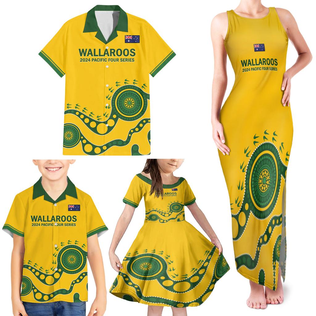 Custom Australia Rugby Family Matching Tank Maxi Dress and Hawaiian Shirt Go Wallaroos 2024 Pacific Aboriginal Art