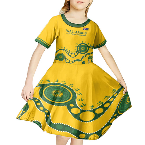 Custom Australia Rugby Kid Short Sleeve Dress Go Wallaroos 2024 Pacific Aboriginal Art