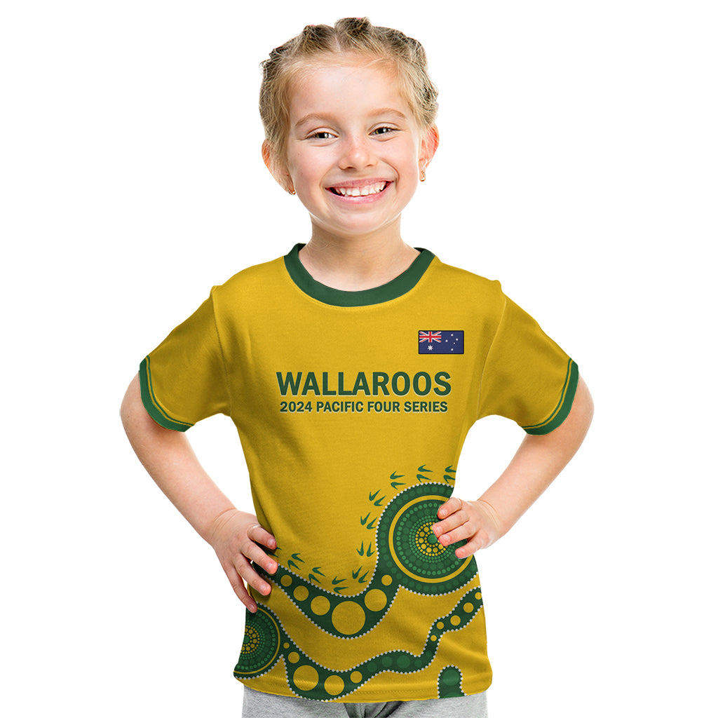 Custom Australia Rugby Kid T Shirt Go Wallaroos 2024 Pacific Aboriginal Art