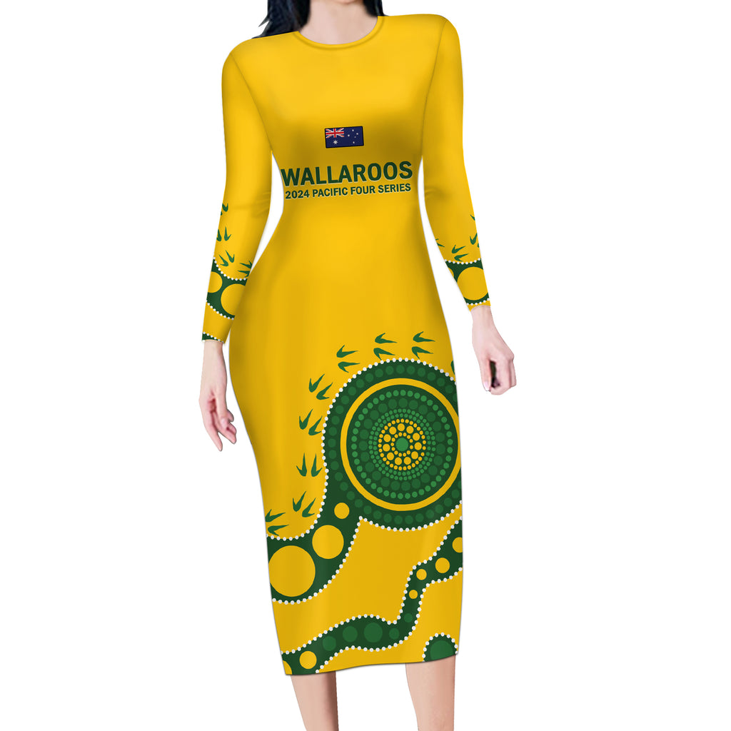 Custom Australia Rugby Long Sleeve Bodycon Dress Go Wallaroos 2024 Pacific Aboriginal Art