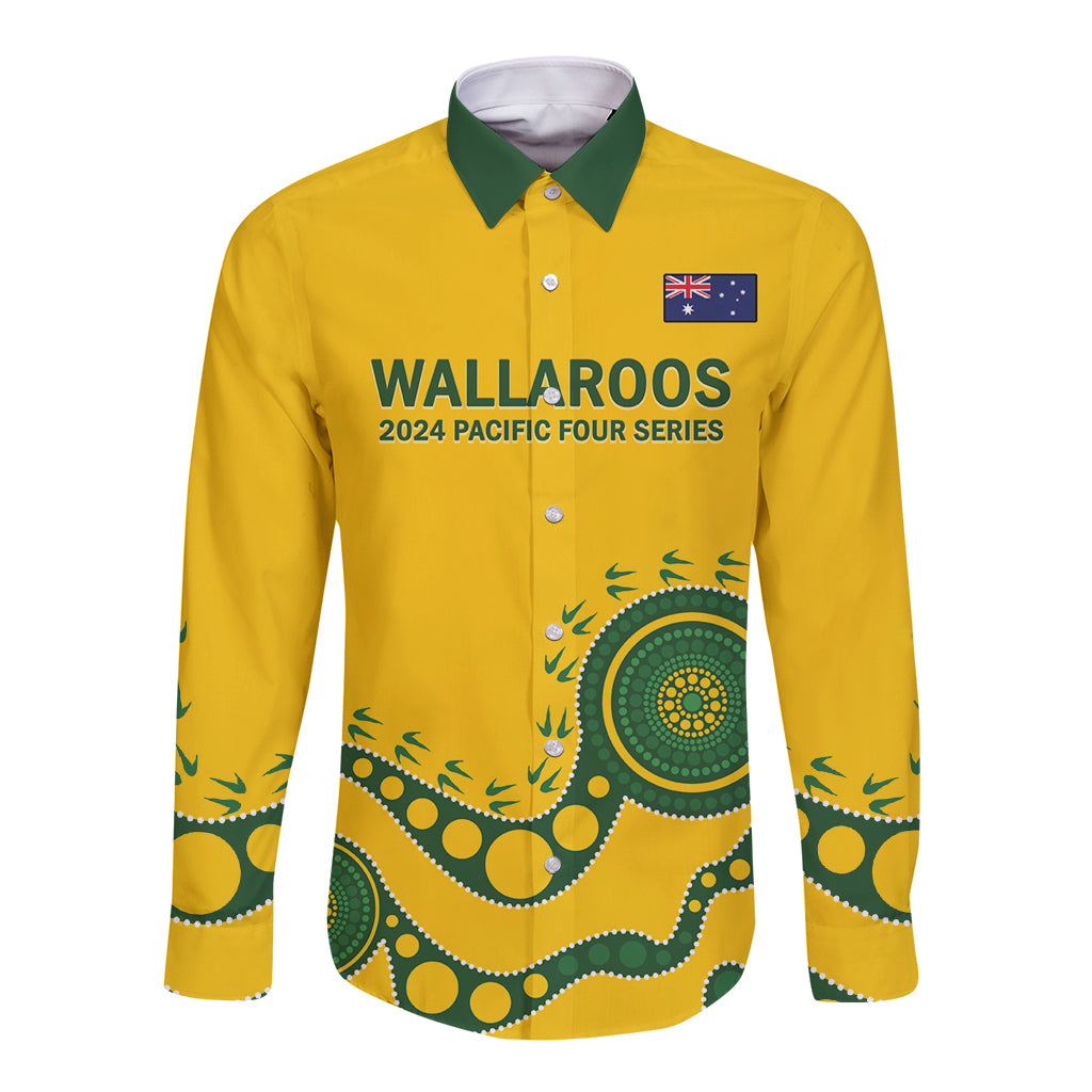 Custom Australia Rugby Long Sleeve Button Shirt Go Wallaroos 2024 Pacific Aboriginal Art