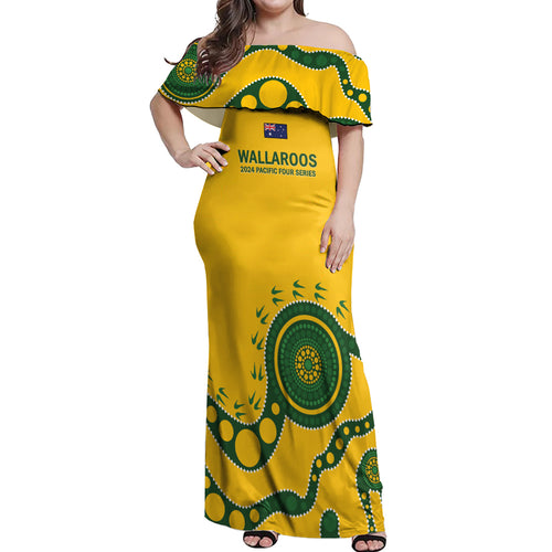 Custom Australia Rugby Off Shoulder Maxi Dress Go Wallaroos 2024 Pacific Aboriginal Art