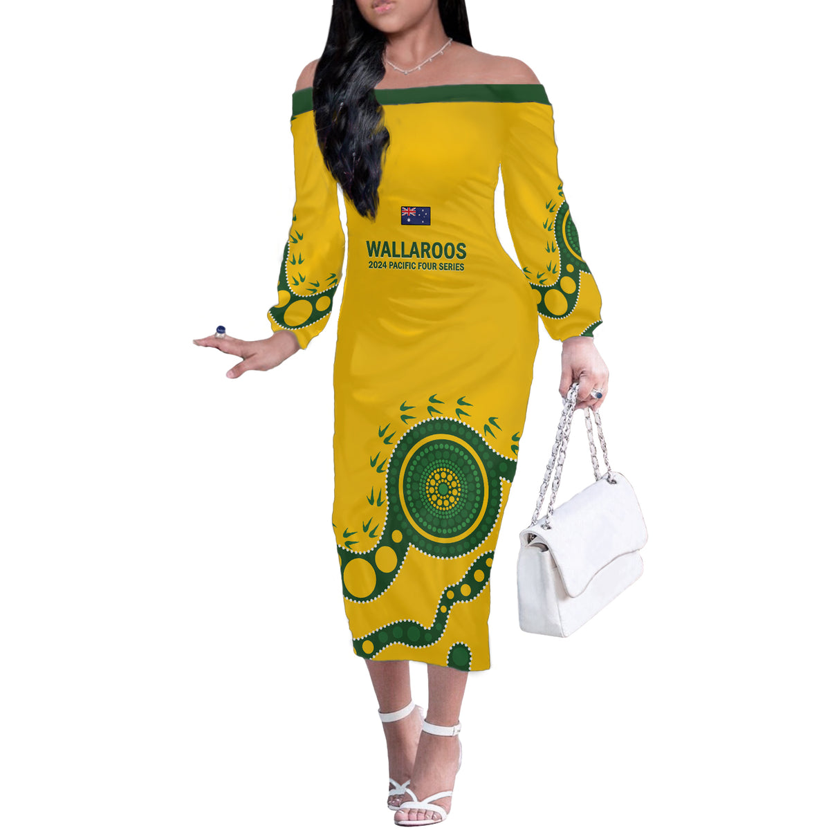 Custom Australia Rugby Off The Shoulder Long Sleeve Dress Go Wallaroos 2024 Pacific Aboriginal Art