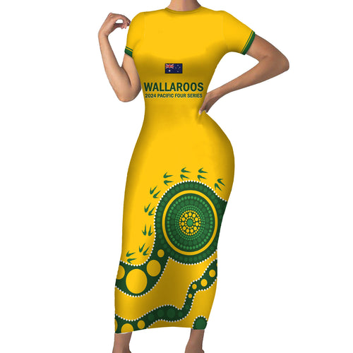Custom Australia Rugby Short Sleeve Bodycon Dress Go Wallaroos 2024 Pacific Aboriginal Art