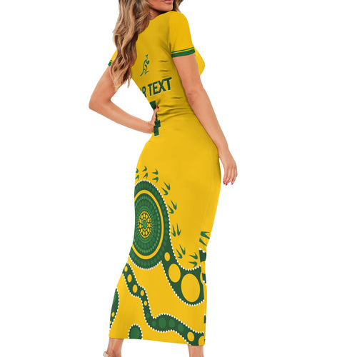 Custom Australia Rugby Short Sleeve Bodycon Dress Go Wallaroos 2024 Pacific Aboriginal Art