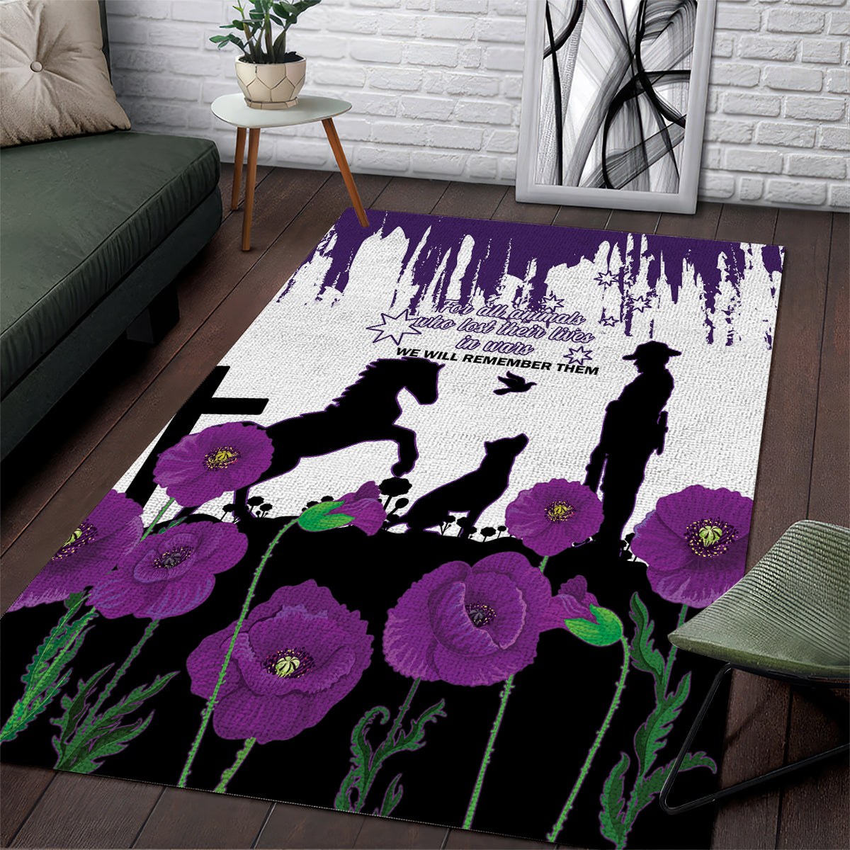 Australia Animal Heroes ANZAC Area Rug Purple Poppy We Will Remember Them
