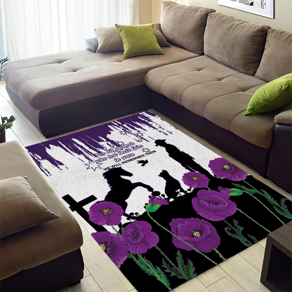 Australia Animal Heroes ANZAC Area Rug Purple Poppy We Will Remember Them