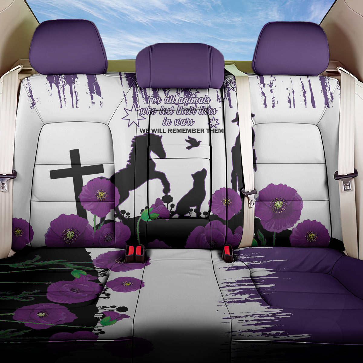 Australia Animal Heroes ANZAC Back Car Seat Cover Purple Poppy We Will Remember Them
