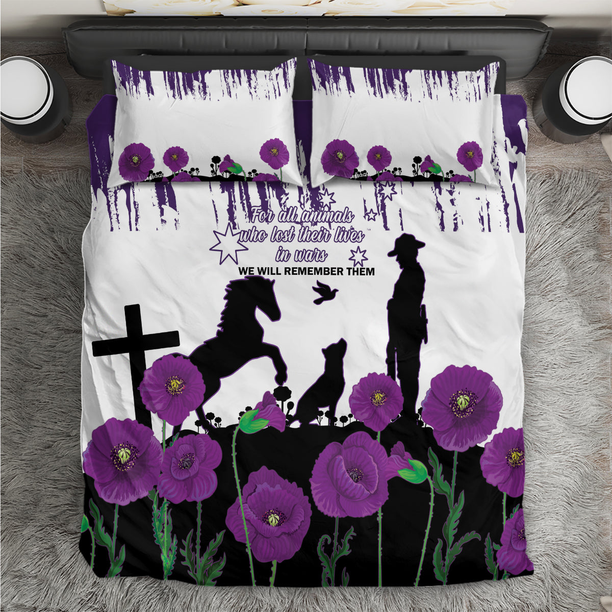 Australia Animal Heroes ANZAC Bedding Set Purple Poppy We Will Remember Them