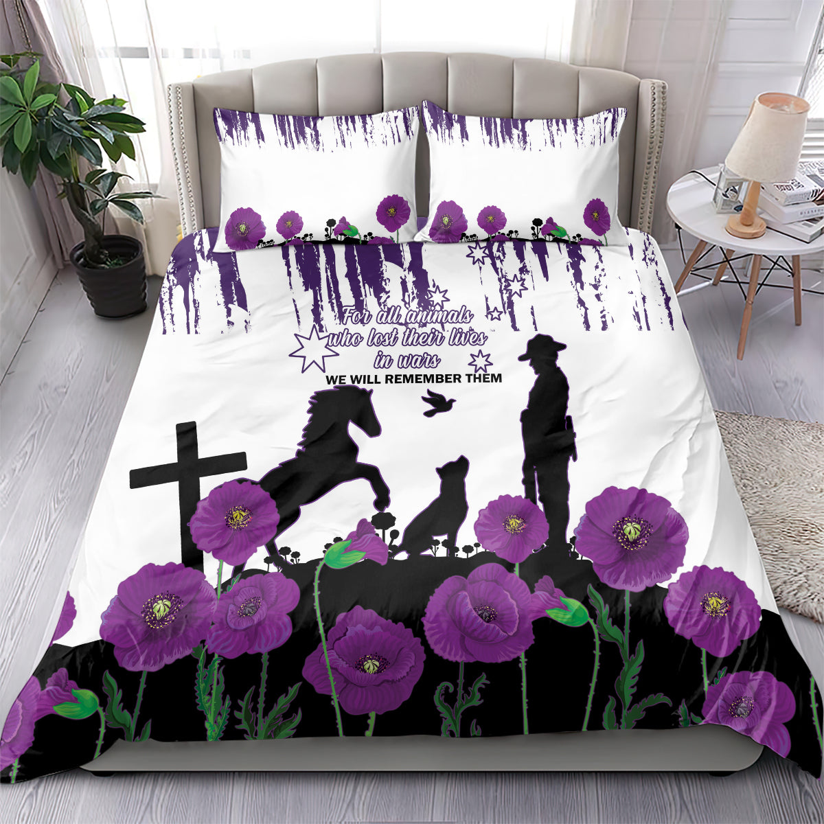 Australia Animal Heroes ANZAC Bedding Set Purple Poppy We Will Remember Them
