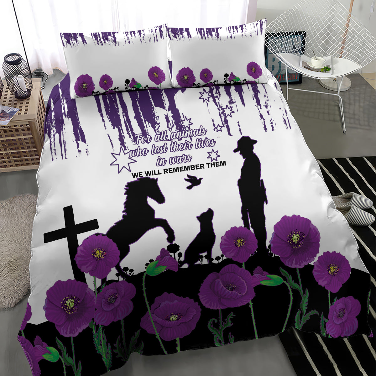 Australia Animal Heroes ANZAC Bedding Set Purple Poppy We Will Remember Them