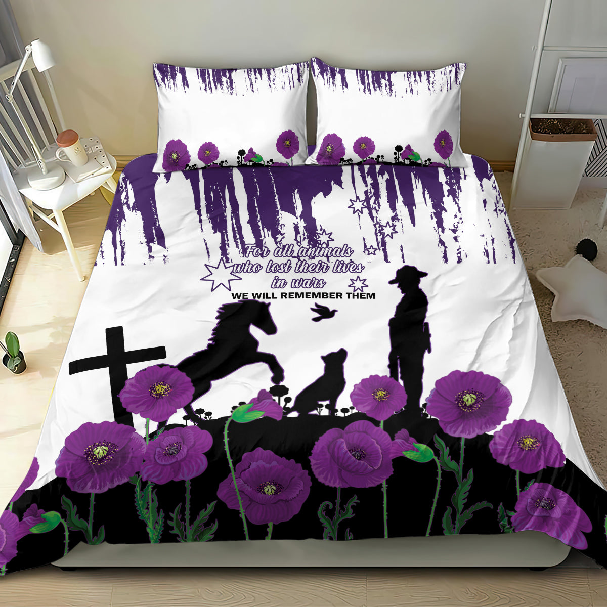 Australia Animal Heroes ANZAC Bedding Set Purple Poppy We Will Remember Them