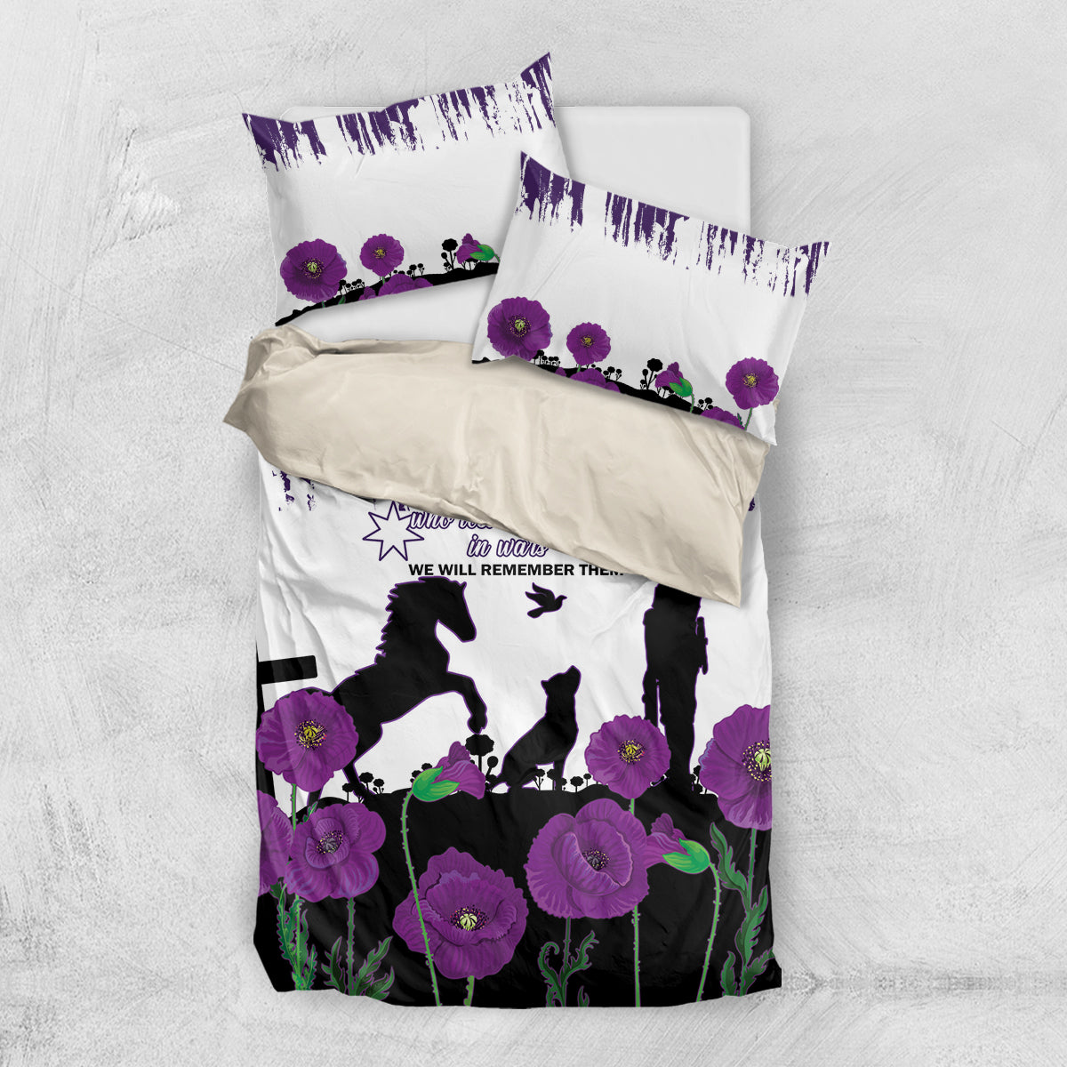 Australia Animal Heroes ANZAC Bedding Set Purple Poppy We Will Remember Them