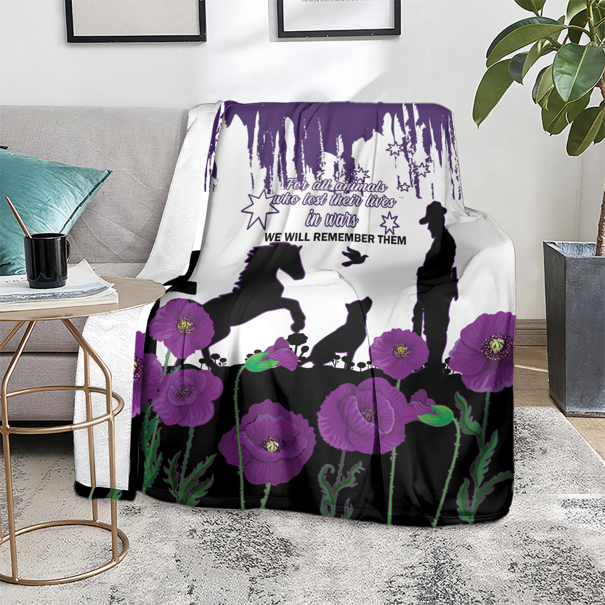 Australia Animal Heroes ANZAC Blanket Purple Poppy We Will Remember Them