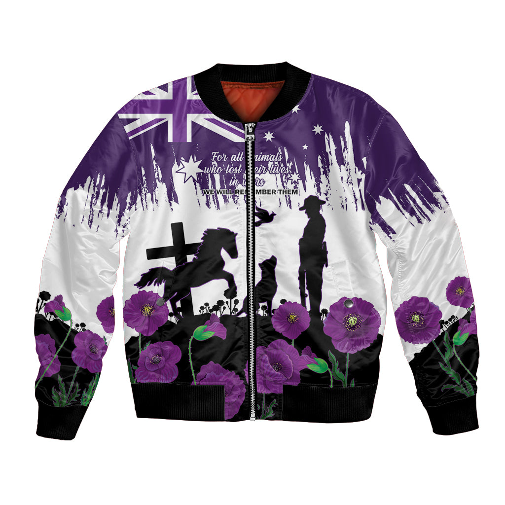 Australia Animal Heroes ANZAC Bomber Jacket Purple Poppy We Will Remember Them