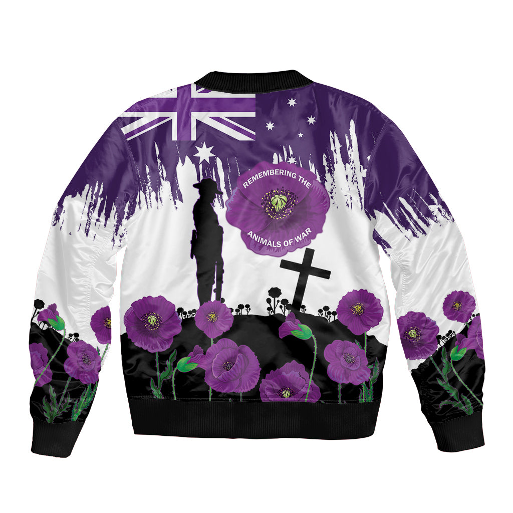 Australia Animal Heroes ANZAC Bomber Jacket Purple Poppy We Will Remember Them