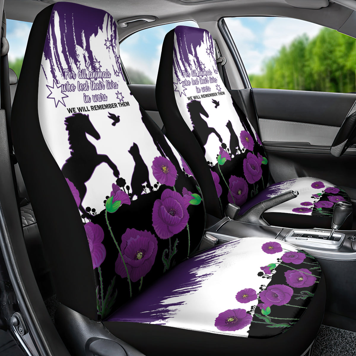 Australia Animal Heroes ANZAC Car Seat Cover Purple Poppy We Will Remember Them