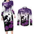 Australia Animal Heroes ANZAC Couples Matching Long Sleeve Bodycon Dress and Long Sleeve Button Shirt Purple Poppy We Will Remember Them