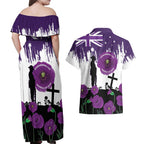 Australia Animal Heroes ANZAC Couples Matching Off Shoulder Maxi Dress and Hawaiian Shirt Purple Poppy We Will Remember Them