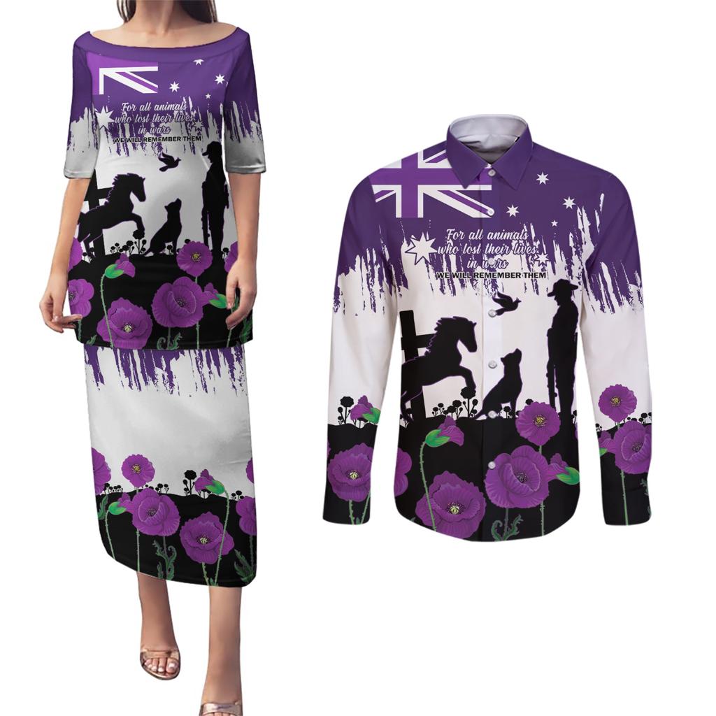 Australia Animal Heroes ANZAC Couples Matching Puletasi and Long Sleeve Button Shirt Purple Poppy We Will Remember Them