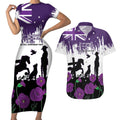 Australia Animal Heroes ANZAC Couples Matching Short Sleeve Bodycon Dress and Hawaiian Shirt Purple Poppy We Will Remember Them