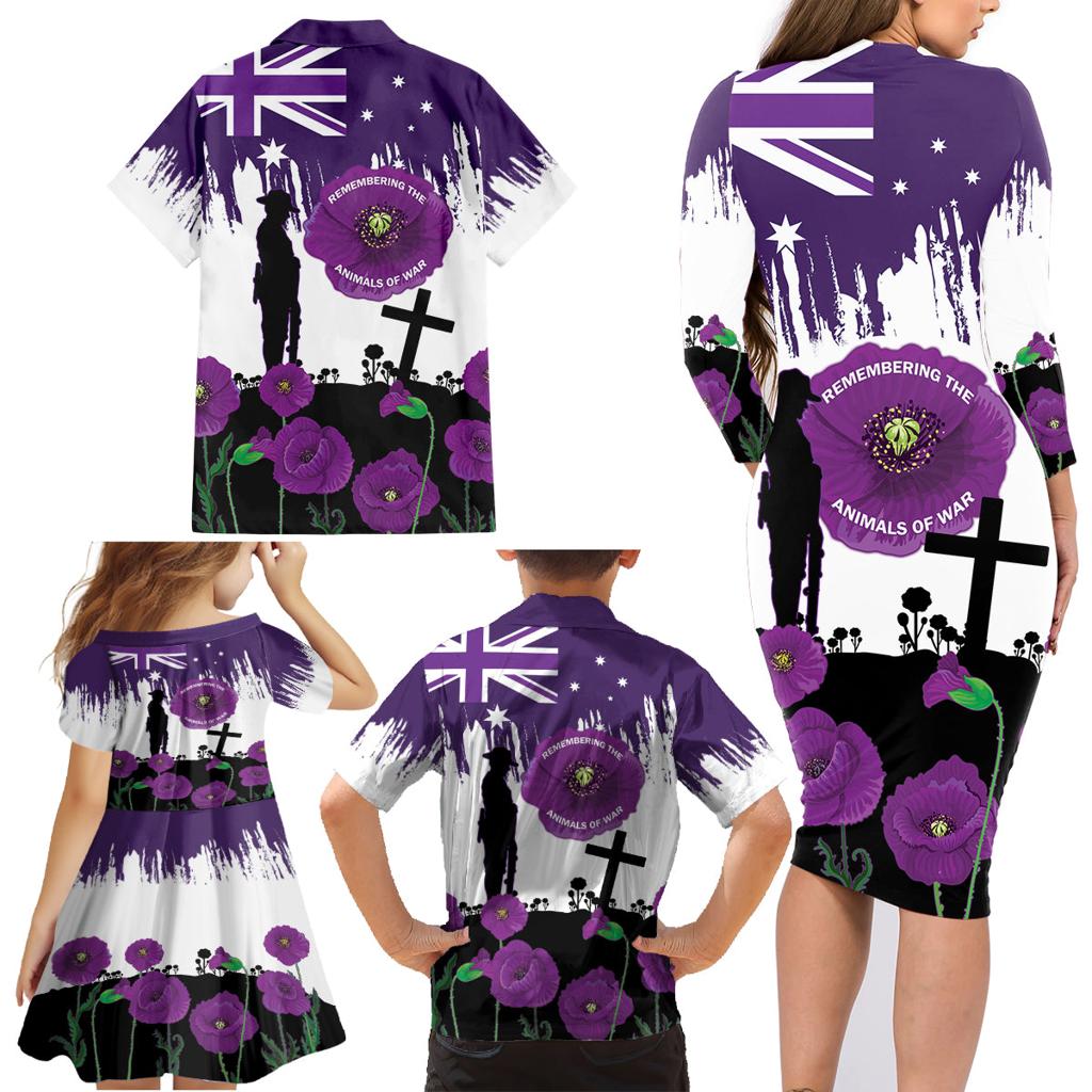 Australia Animal Heroes ANZAC Family Matching Long Sleeve Bodycon Dress and Hawaiian Shirt Purple Poppy We Will Remember Them