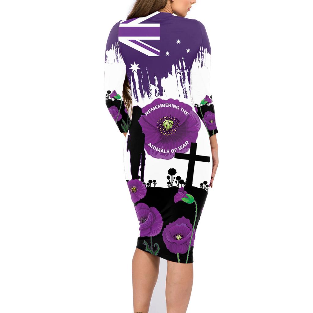 Australia Animal Heroes ANZAC Family Matching Long Sleeve Bodycon Dress and Hawaiian Shirt Purple Poppy We Will Remember Them