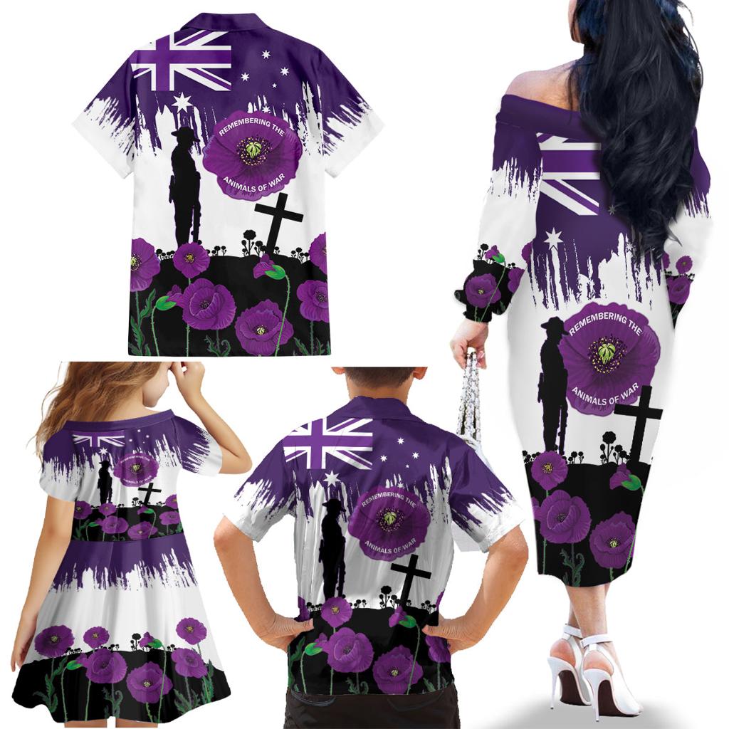 Australia Animal Heroes ANZAC Family Matching Off The Shoulder Long Sleeve Dress and Hawaiian Shirt Purple Poppy We Will Remember Them