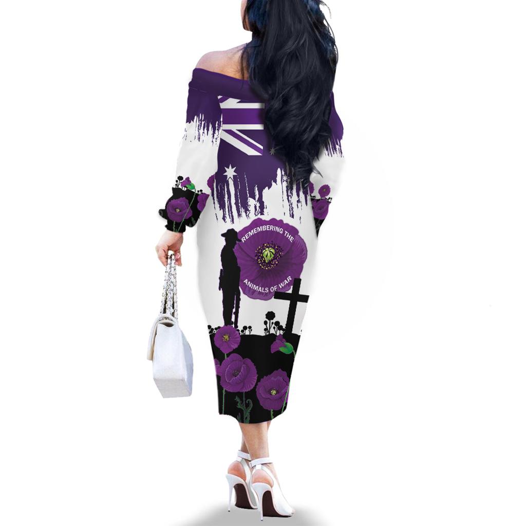 Australia Animal Heroes ANZAC Family Matching Off The Shoulder Long Sleeve Dress and Hawaiian Shirt Purple Poppy We Will Remember Them