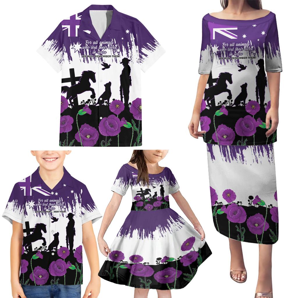 Australia Animal Heroes ANZAC Family Matching Puletasi and Hawaiian Shirt Purple Poppy We Will Remember Them