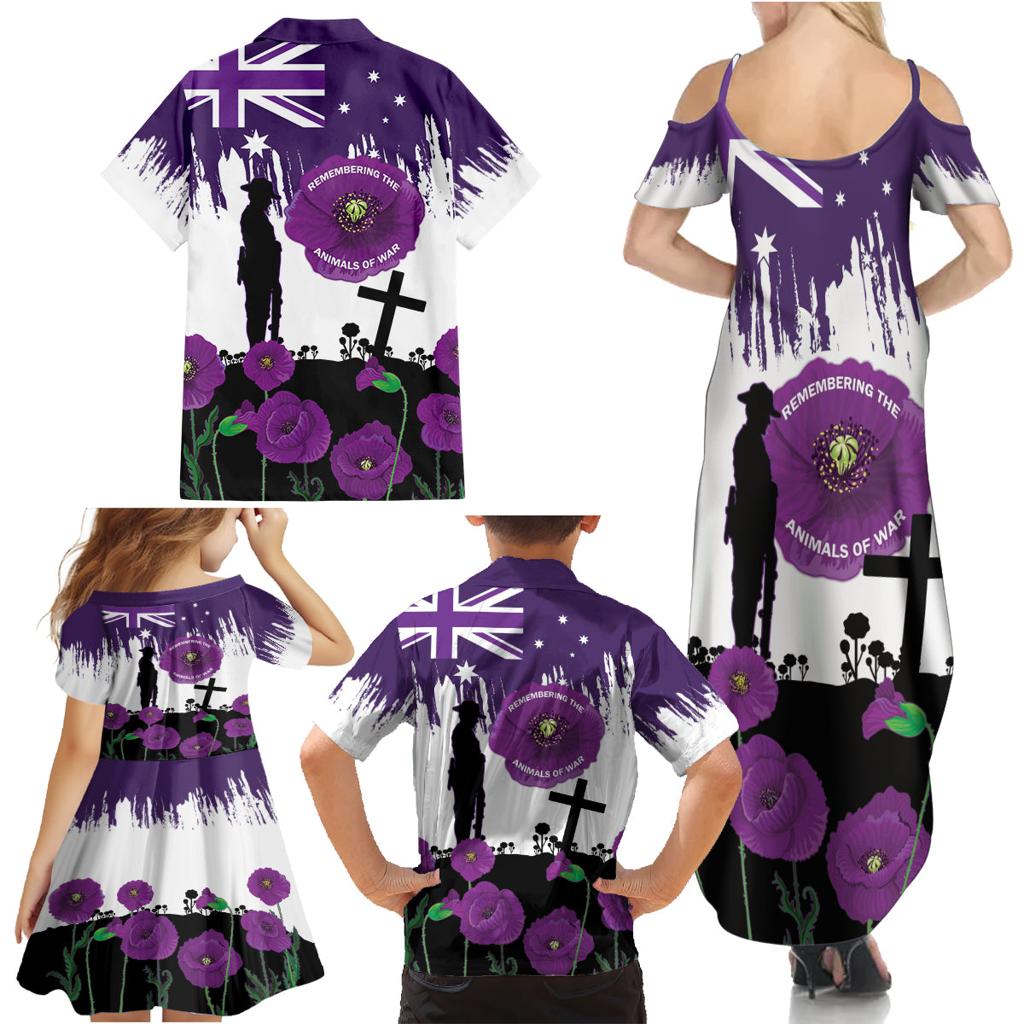 Australia Animal Heroes ANZAC Family Matching Summer Maxi Dress and Hawaiian Shirt Purple Poppy We Will Remember Them