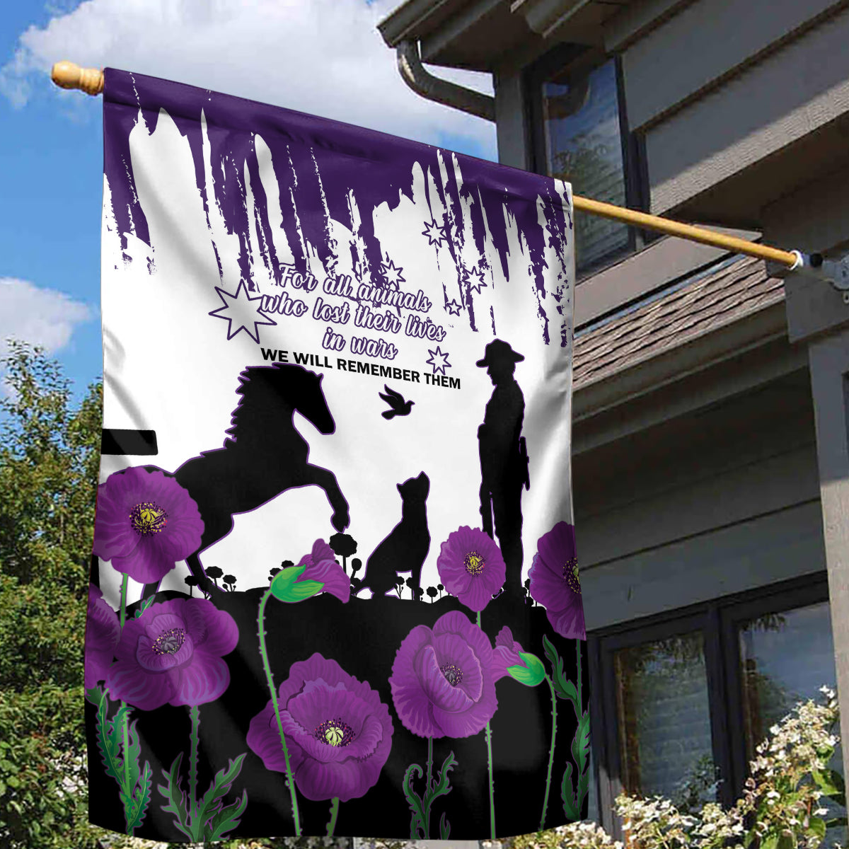 Australia Animal Heroes ANZAC Garden Flag Purple Poppy We Will Remember Them