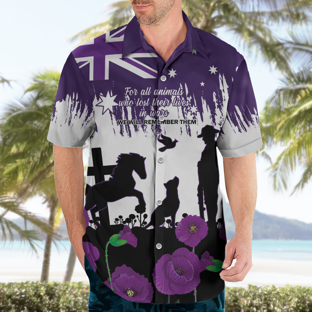 Australia Animal Heroes ANZAC Hawaiian Shirt Purple Poppy We Will Remember Them