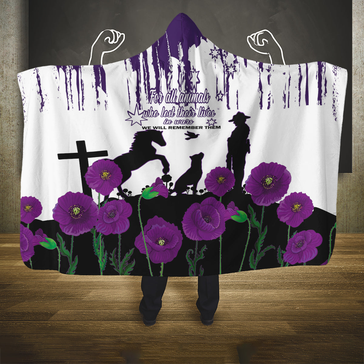 Australia Animal Heroes ANZAC Hooded Blanket Purple Poppy We Will Remember Them