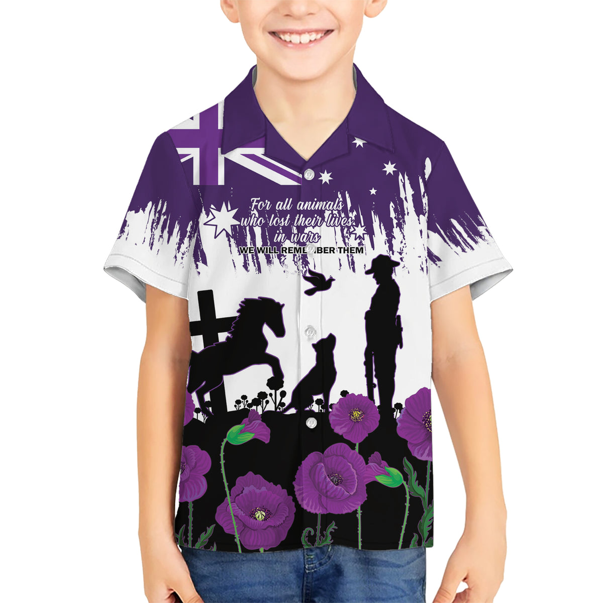 Australia Animal Heroes ANZAC Kid Hawaiian Shirt Purple Poppy We Will Remember Them