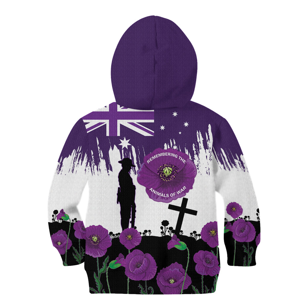 Australia Animal Heroes ANZAC Kid Hoodie Purple Poppy We Will Remember Them