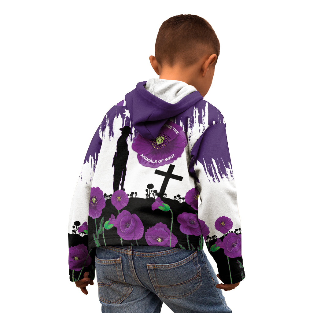 Australia Animal Heroes ANZAC Kid Hoodie Purple Poppy We Will Remember Them